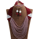 Special Design Terrific Dark Red & White Crystal Beads African Wedding Jewelry Set (Necklace, Bracelet & Earrings)