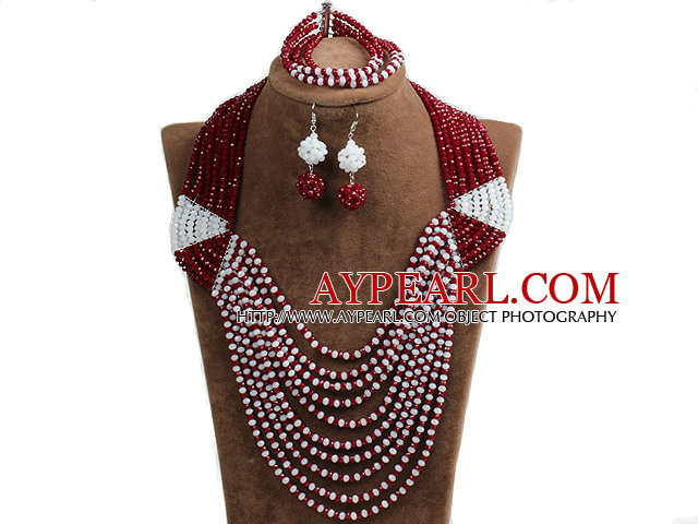 Special Design Terrific Dark Red & White Crystal Beads African Wedding Jewelry Set (Necklace, Bracelet & Earrings)