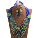 Special Design Terrific Dark Blue & Green Crystal Beads African Wedding Jewelry Set (Necklace, Bracelet & Earrings)