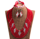 Beautiful Design Multi Layer Red & White Crystal Beads African Wedding Jewelry Set (Necklace, Bracelet & Earrings)