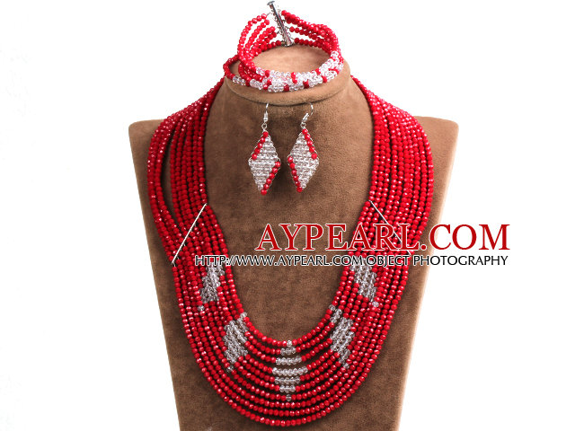 Beautiful Design Multi Layer Red & White Crystal perler African Wedding Jewelry Set (halskjede, armbånd og øredobber)