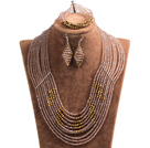 Beautiful Design Multi Layer Brown & Golden Crystal Beads African Wedding Jewelry Set (Necklace, Bracelet & Earrings)