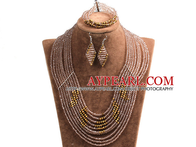 Belle design multi couche Perles Brown & cristal Golden africaine de mariage ensemble de bijoux (collier, bracelet et boucles d'oreilles)