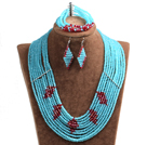 Beautiful Design Multi Layer Blue & Red Crystal Beads African Wedding Jewelry Set (Necklace, Bracelet & Earrings)