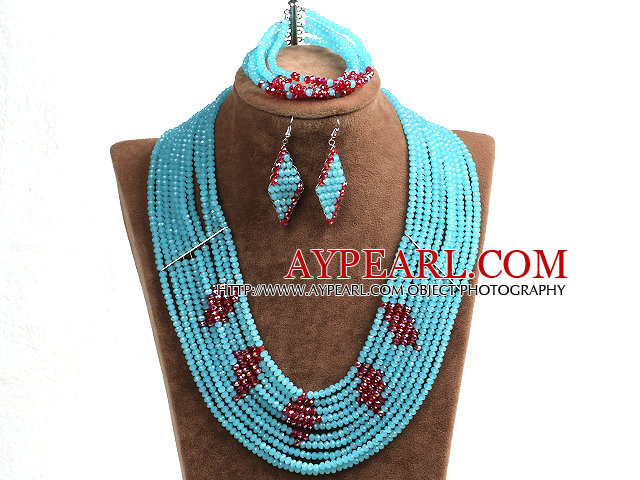 Härlig design Multi Layer Blue & Red kristall pärlor afrikansk Bröllop Smycken Set (Halsband, armband & örhängen)