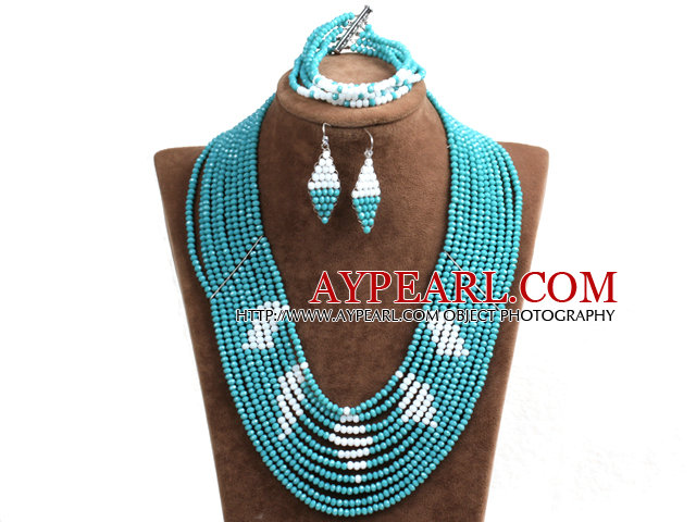 Beautiful Design Multi Layer Blue  & White Crystal Beads African Wedding Jewelry Set (Necklace, Bracelet & Earrings)