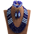 Vintage Style Dark Blue & White Crystal Beads African Costume Jewelry Set (Necklace, Bracelet & Earrings)