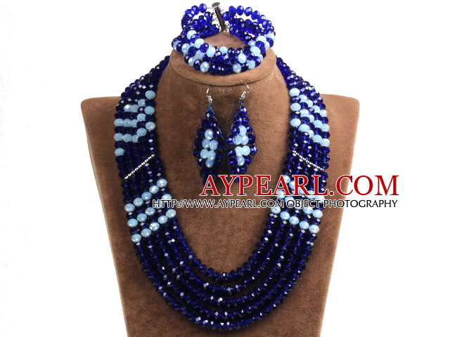 Bijoux Perles de Cristal Costume africaine style vintage bleu foncé et blanc Set (collier, bracelet et boucles d'oreilles)