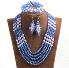 Vintage Style Light Blue & Pink Crystal Beads African Costume Jewelry Set (Necklace, Bracelet & Earrings)
