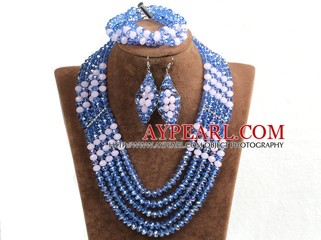 Vintage Style Light Blue & Pink Crystal Beads African Costume Jewelry Set (Necklace, Bracelet & Earrings)