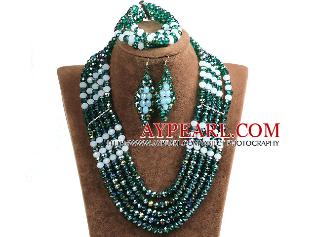 Vintage Style Dark Green & White Crystal Beads African Costume Jewelry Set (Necklace, Bracelet & Earrings)