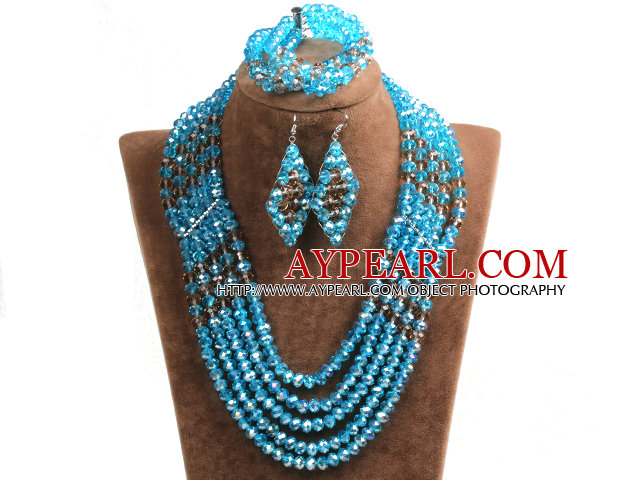 Vintage stil Blue & Brown Crystal perler afrikanske Costume Jewelry Set (halskjede, armbånd og øredobber)