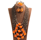 Fabulous Multi Layer Orange Crystal Ball Dark Brown Crystal Beads Costume Jewelry Set (Necklace, Bracelet & Earrings)