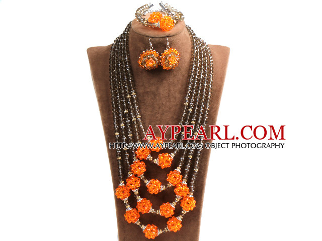 Fabuleux Multi Layer Bijoux orange Crystal Ball Dark Brown Costume Set Perles de Cristal (collier, bracelet et boucles d'oreilles)