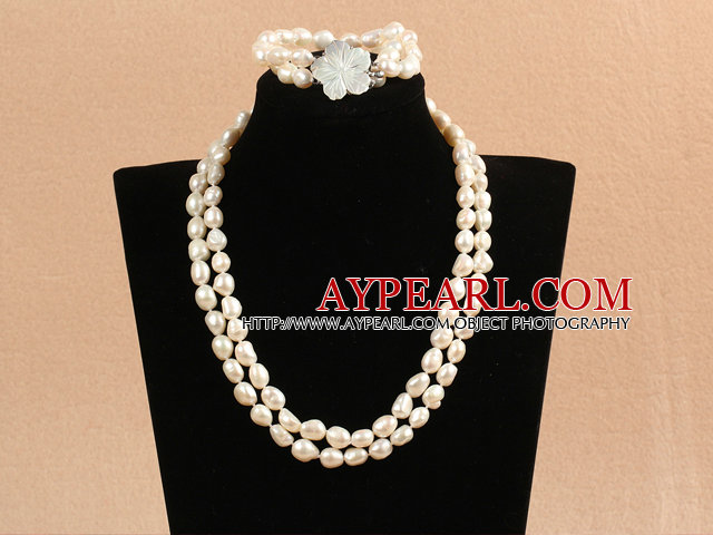 Gorgeous Mother Gift Double Strand 8-9mm Natural White Oblate Baroque Pearl Wedding Jewelry Set With Shell Flower Clasp (Necklace & Bracelet)