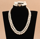 Gorgeous Mother Gift Double Strand 8-9mm Natural White Pearl Wedding Jewelry Set (Necklace & Bracelet)