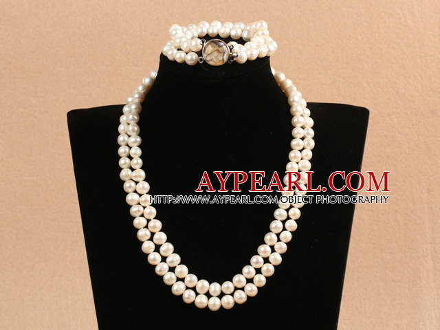 Gorgeous Mother Gift Double Strand 8-9mm naturliga White Pearl Bröllop Smycken Set (Halsband och armband)