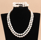 Gorgeous Mother Gift Double Strand 7-8mm Natural White Rice Pearl Wedding Jewelry Set (Necklace & Bracelet)