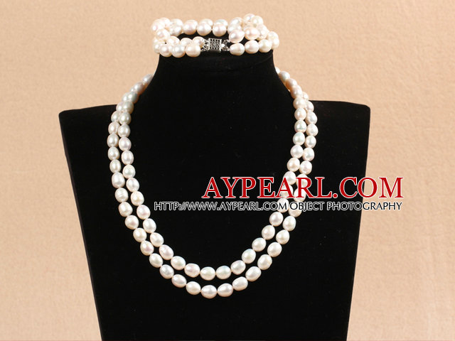 Upea Äiti Gift Double Strand 7-8mm Natural valkoinen riisi Pearl häät korusetti (kaulakoru ja rannekoru)