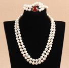 Gorgeous Mother Gift Double Strand 9-10mm Natural White Pearl bröllop smycken set med Red Agate Lås (Halsband & Armband)