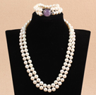 Gorgeous Mother Gift Double Strand 9-10mm Natural White Pearl Wedding Jewelry Set With Amethyst Clasp (Necklace & Bracelet)