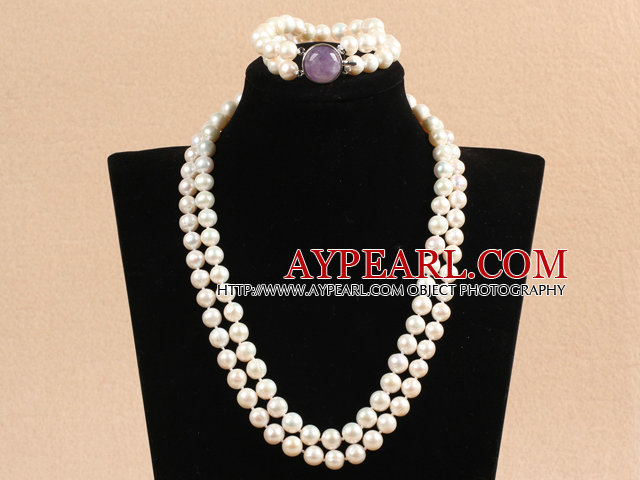 Gorgeous Mother Gift Double Strand 9-10mm Natural White Pearl bröllop smycken set med Amethyst Lås (Halsband & Armband)