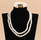 Gorgeous Mother Gift Double Strand 9-10mm Natural White Pearl bröllop smycken set med Tiger Eye sten Lås (Halsband & Armband)