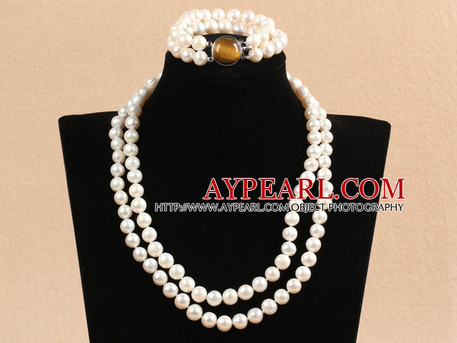 Gorgeous Mother Gift Double Strand 9-10mm Natural White Pearl Wedding Jewelry Set With Tiger Eye Stone Clasp (Necklace & Bracelet)