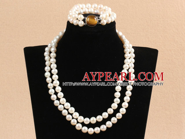 Upea Äiti Gift Double Strand 9-10mm Natural White Pearl Wedding korusetti tiikeri silmä kivi Risti (kaulakoru & rannerengas)