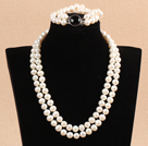 Gorgeous Mother Gift Double Strand 9-10mm Natural White Pearl bröllop smycken set med svart agat Lås (Halsband & Armband)
