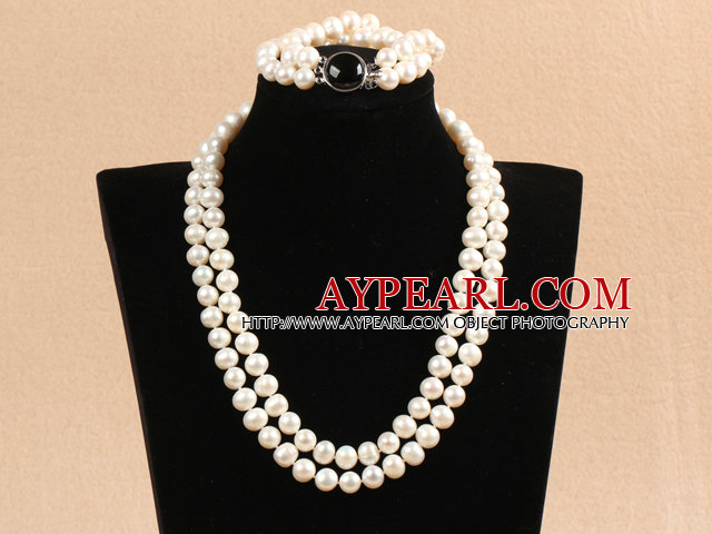 Gorgeous Mother Gift Double Strand 9-10mm Natural White Pearl bröllop smycken set med svart agat Lås (Halsband & Armband)