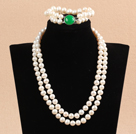 Gorgeous Mother Gift Double Strand 9-10mm Natural White Pearl Wedding Jewelry Set With Green Agate Clasp (Necklace & Bracelet)