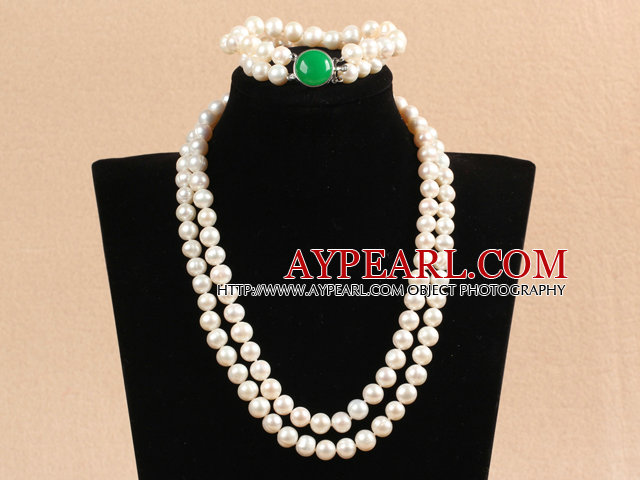 Gorgeous Mother Gift Double Strand 9-10mm Natural White Pearl Wedding Jewelry Set With Green Agate Clasp (Necklace & Bracelet)