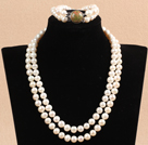 Gorgeous Mother Gift Double Strand 9-10mm Natural White Pearl Wedding Jewelry Set With Green Piebald Stone Clasp (Necklace & Bracelet)