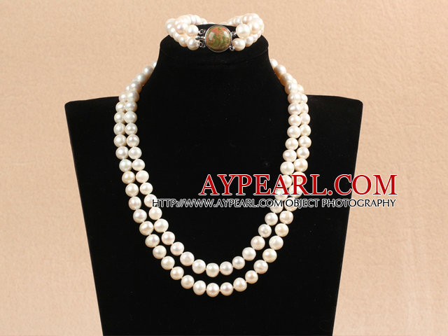 Gorgeous Mother Gift Double Strand 9-10mm Natural White Pearl Wedding Jewelry Set With Green Piebald Stone Clasp (Necklace & Bracelet)