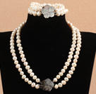 Gorgeous Mother Gift Double Strand 8-9mm naturliga White Pearl bröllop smycken set med Shell Flower Lås (Halsband & Armband)