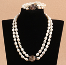 Gorgeous Mother Gift Double Strand Natural White Oblate Baroque Pearl Wedding Jewelry Set (Necklace & Bracelet)