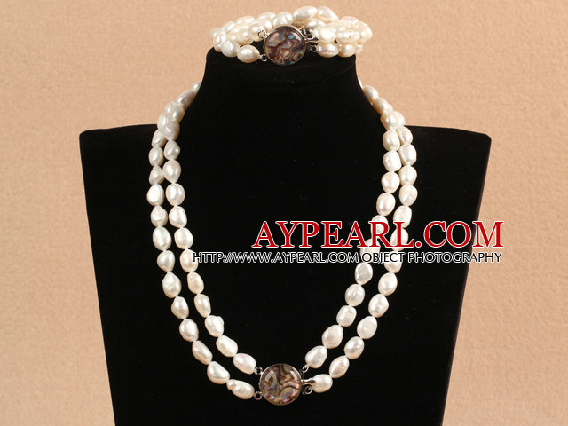 Gorgeous Mother Gift Double Strand Natural White Oblate Baroque Pearl Wedding Jewelry Set (Necklace & Bracelet)