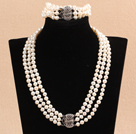 Gorgeous Mother Gift Three Strand 7-8mm Natural White Pearl Wedding Jewelry Set (Necklace & Bracelet)