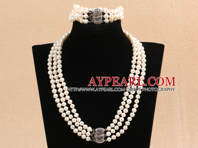 Gorgeous Mother Gift Three Strand 7-8mm Natural White Pearl Wedding Jewelry Set (Necklace & Bracelet)