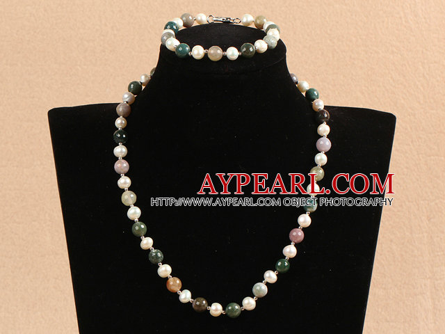 Graceful 7-8mm Natural White Freshwater Pearl Indian Agate Party Jewelry Set (Halsband och armband)