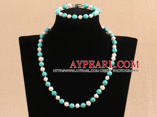 Graceful 7-8mm Natural White Freshwater Pearl Turquoise Party Jewelry Set (Necklace & Bracelet)