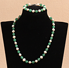 Graceful 7-8mm Natural White Freshwater Pearl Aventurine Beads Party Jewelry Set (Necklace & Bracelet)