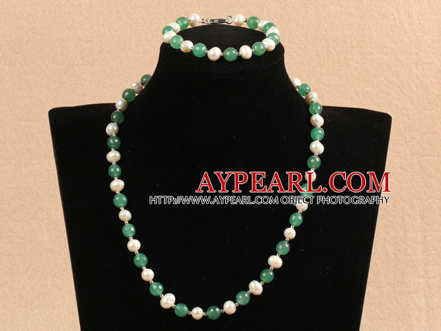 Graceful 7-8mm blanc perle d'eau douce naturelle Aventurine Perles Parti Ensemble de bijoux (collier et bracelet)