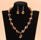 Shining Drop Shape Yellowish-Brown Crystal Pearl Party Jewelry Set With Rhinestone Clasp (Necklace & Earrings)