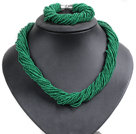 Chunky Style Christmas Green Design 28 Strands Mini Glass Beads Jewelry Set (Necklace & Bracelet)