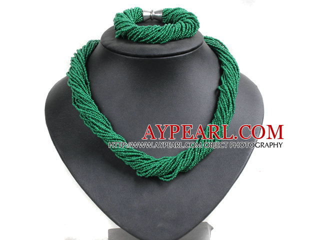 Chunky Style Christmas Green Design 28 Strands Mini Glass Beads Jewelry Set (Necklace & Bracelet)