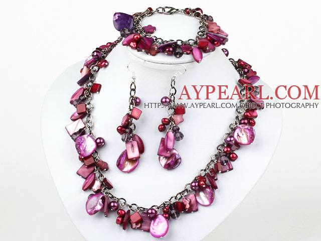 Purple Red Series Dyed Purple Red Pearl Shell Set ( Necklace Bracelet and Matched Earrings )