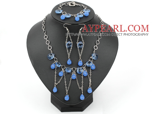 Новый дизайн формы капли моря Blue Crystal Set (браслет и ожерелье Согласованные серьги)