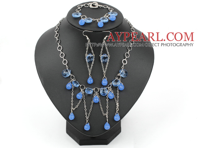 New Design Drop Shape Sea Blue Crystal Set (Necklace Bracelet and Matched Earrings)